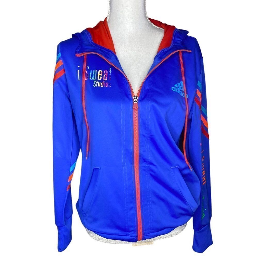 Adidas Wm’s Sz Med Blue Tri Color I Sweat Gym Cycling Hooded Sweatshirt Jacket